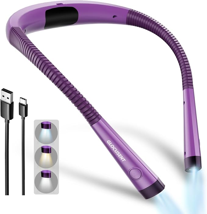 Glocusent Reading Light,LED Neck Light,80-hr Rechargeable Book Light | 3-Color&6-Brightness,USB-C,Purple Neck Reading Light,Women, Knitting,Repairing,Crafting,Crochet,Christmas,Book Lovers Gifts