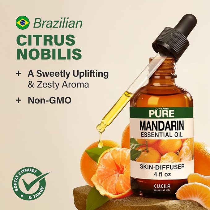 Kukka 100% Pure Mandarin Essential Oil for Skin, Diffuser, 4 Fl Oz | Undiluted Dropper Bottle - Mandarin Oil for Diffuser Blends, Candle Making, Wax Melts, Soap Making, Massage & Air Freshening