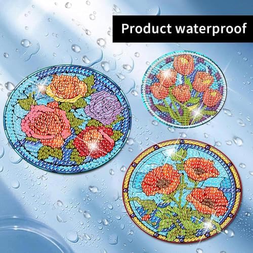 Meothan 8 Pcs Flowers Diamond Art Coasters Kit for Adults with Holder 4x4in
