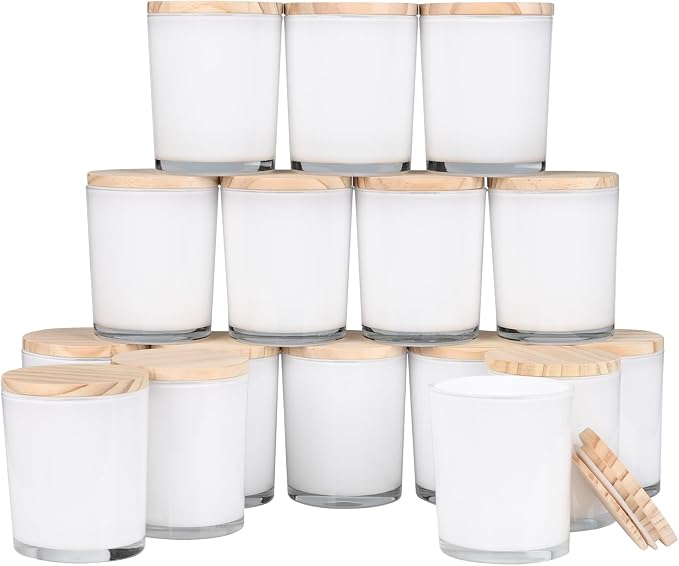 SHOWIN Thick Candle Jars for Making Candles 16 Pcs, 7 OZ Empty Jars with Wood Lids for Candle Making, Sample Container, Inner White