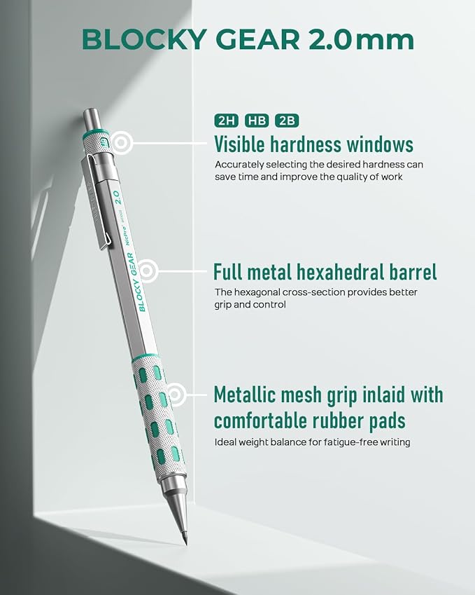 Nicpro 3 Pack Blocky Gear 2.0 mm Metal Mechanical Pencils Set with Case
