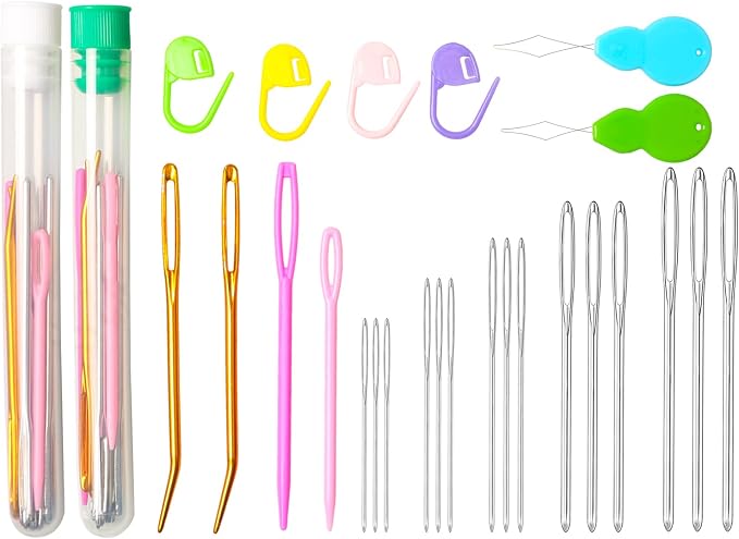 Hekisn 45Pcs Large Eye Blunt Yarn Needles kit, Assorted Sizes Bent Tapestry Darning Needle, Sewing Needles with Needle Threaders & Stitch Markers for Knitting Crochet (Green&White)