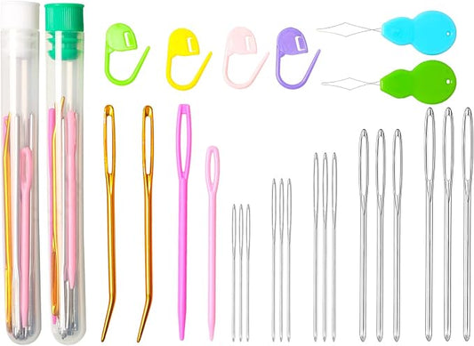 Hekisn 45Pcs Large Eye Blunt Yarn Needles kit, Assorted Sizes Bent Tapestry Darning Needle, Sewing Needles with Needle Threaders & Stitch Markers for Knitting Crochet (Green&White)