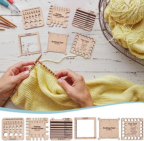 BENECREAT 6 Styles Wood Knitting Gauge Rulers, Crochet Hook and Yarn Wrap Per Inch Guide Knitting Tool for Spinners Yarn Measuring Crochet Accessories