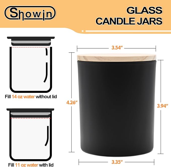 SHOWIN 14 OZ Thick Candle Jars for Making Candles 12 Pcs, 3 Wick Empty Jars with Wood Lids for Candle Making, Sample Container,Matte Black