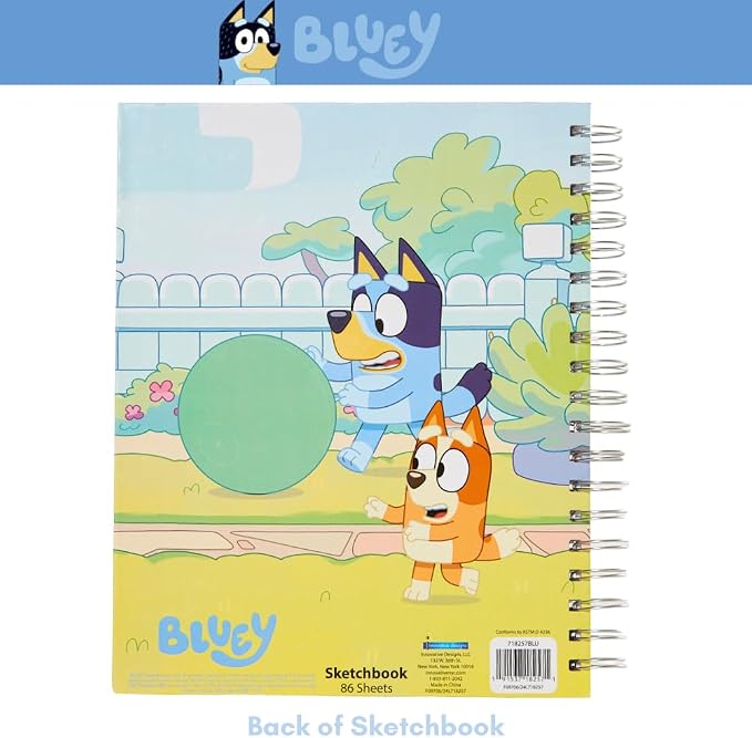 Innovative Designs Bluey Sketchbook for Kids with Washable Markers, 86 Blank Pages Spiral Bound, Blue