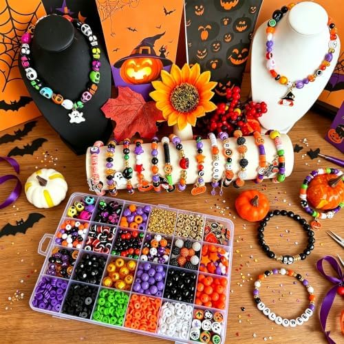 1970Pcs Halloween Bracelet Kit, Halloween Beads for Bracelets Jewelry Making Orange Black White Purple Polymer Clay Beads Pumpkin Evil Eye Skull Bead with Ghost Spider Charms for DIY Craft Earring