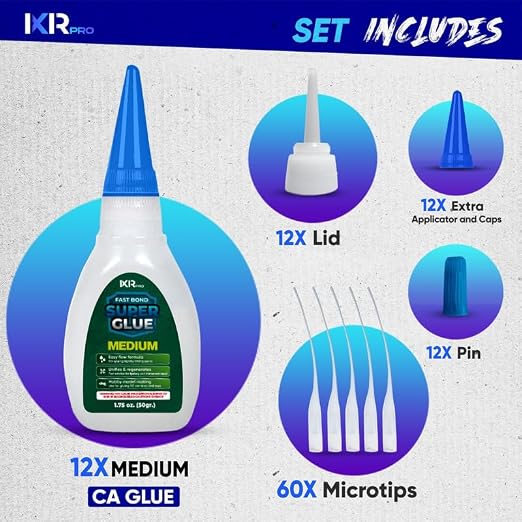 Medium CA Glue, Super Glue, Cyanoacrylate Adhesive 12 Pcs 1.75oz Repair kit