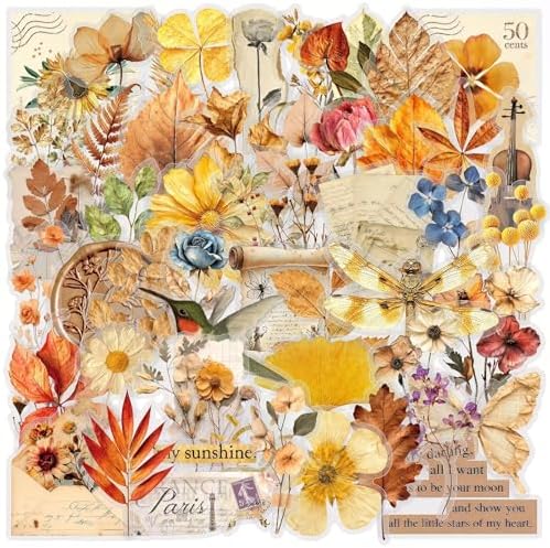 50 Pcs Vintage Flower Stickers Waterproof for Scrapbooking