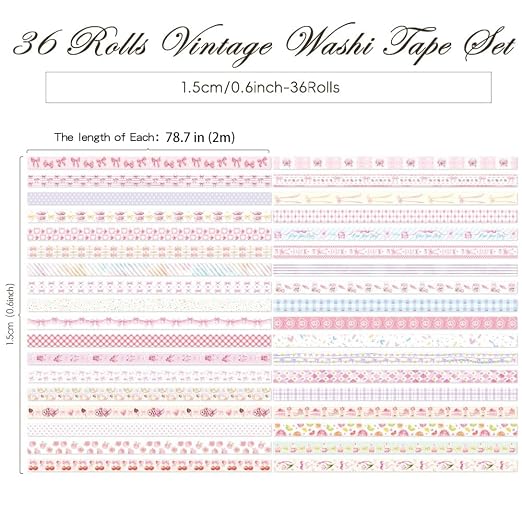 icceemee 36 Rolls Sweet Pink Theme Washi Tape Set with Different Colorful Patterns, Writable Decorative Tapes for Scrapbooking, Junk Journal Supplies, Bullet Journaling, 0.39'' x 79'' per Roll