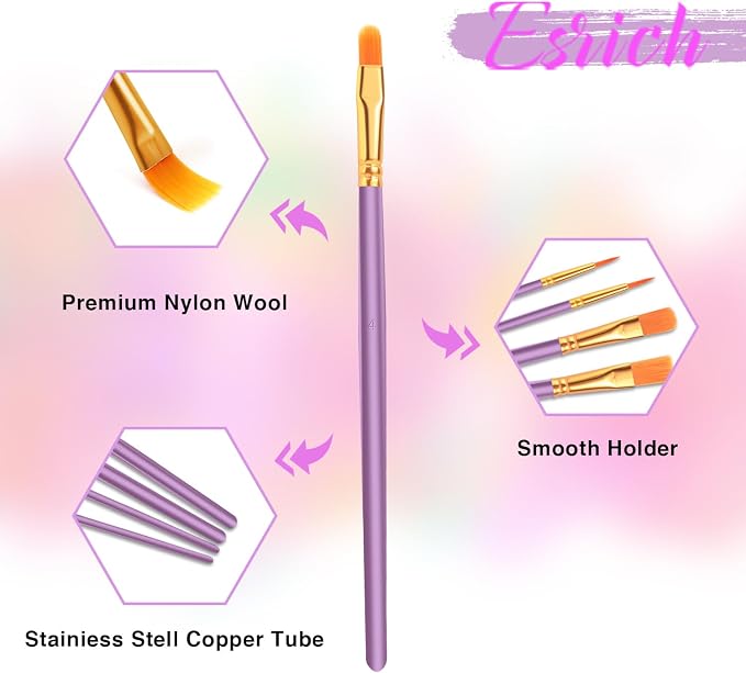 ESRICH 200PCS Paint Brushes, Paint Brush for Acrylic Painting | Artist Paintbrushes for Oil Watercolor, Body Face Rock Canvas, Small Paint Brushes for Kids, Purple