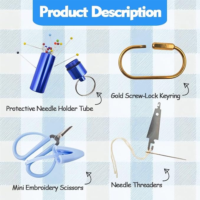 MAGNEECH Needlepoint Keychain Kit, Needlepoint Bag with Mini Embroidery Scissors, Needle Threader, Needle Holder Tube & Gold Keyring, Portable Cross Stitch Sewing DIY Crafts (Blue)