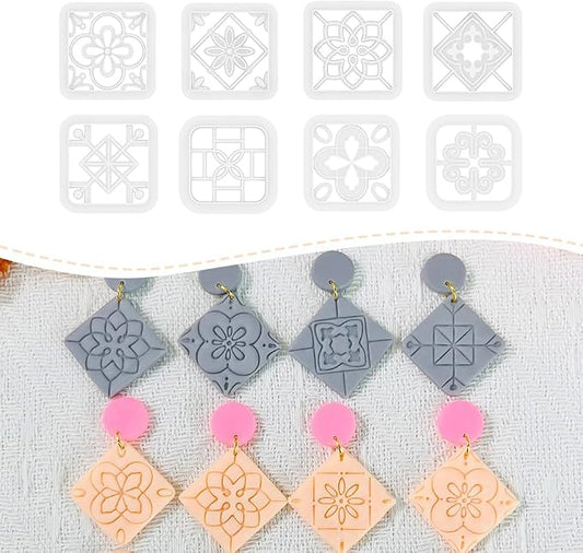 Xaekicr 8PCS Tile Pattern Polymer Clay Cutters Set – Mediterranean Geometric Clay Cutters and Textured Molds, Clay Tools for Polymer Clay Jewelry and Crafts