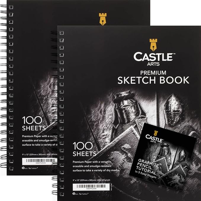 Castle Art Supplies Sketchbook 9 x 12in for Artists - Double Pack Sketchpad | 200 sheets of quality 90gsm paper, spiral bound for versatility - for adult artists, students, and learners alike