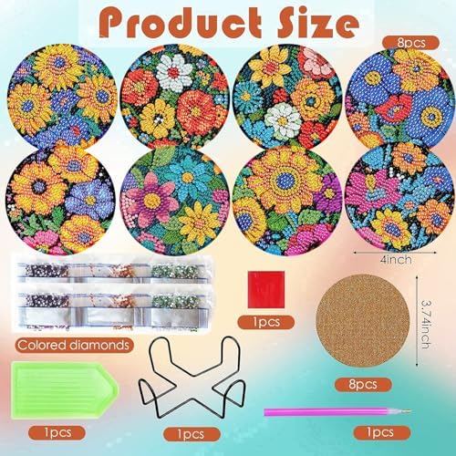 ijbnhd 8 Pcs Flowers Diamond Art Coasters with Holder