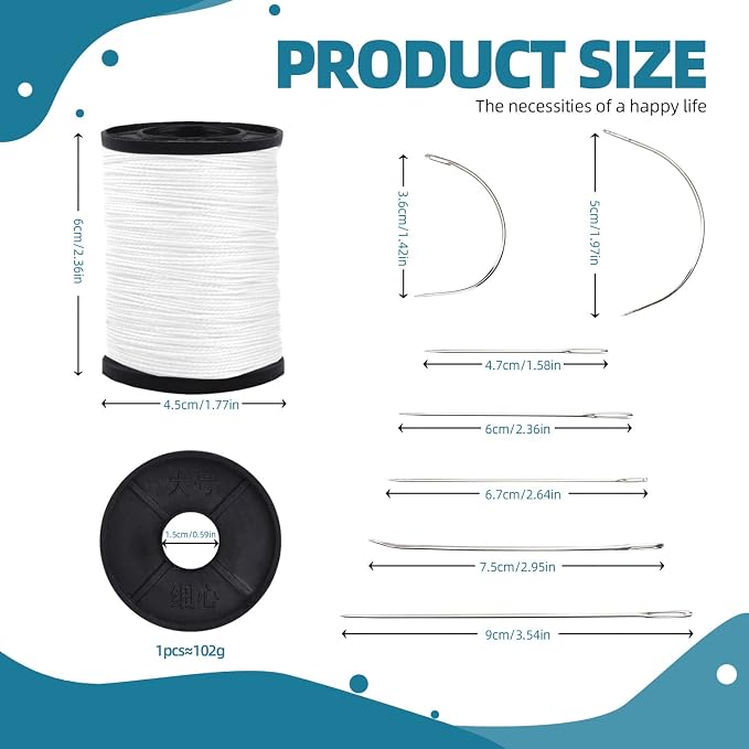 Topus Extra Strong Upholstery Repair Sewing Thread Kit and Heavy Duty Household Hand Needles, Including 7 Styles of Leather Canvas Sewing Needles and 3 Rolls Nylon Thread (70 Yard of Each Roll), White