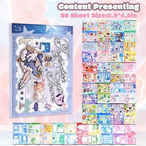 30 Sheets Japanese Sticker Book Manga Cartoon Scrapbook Journal Stickers Cute Korean Stickers for Journaling Scrapbooking Planner Kawaii Animal Writable Note Sticker for Kids Adult DIY Cosmtic Books