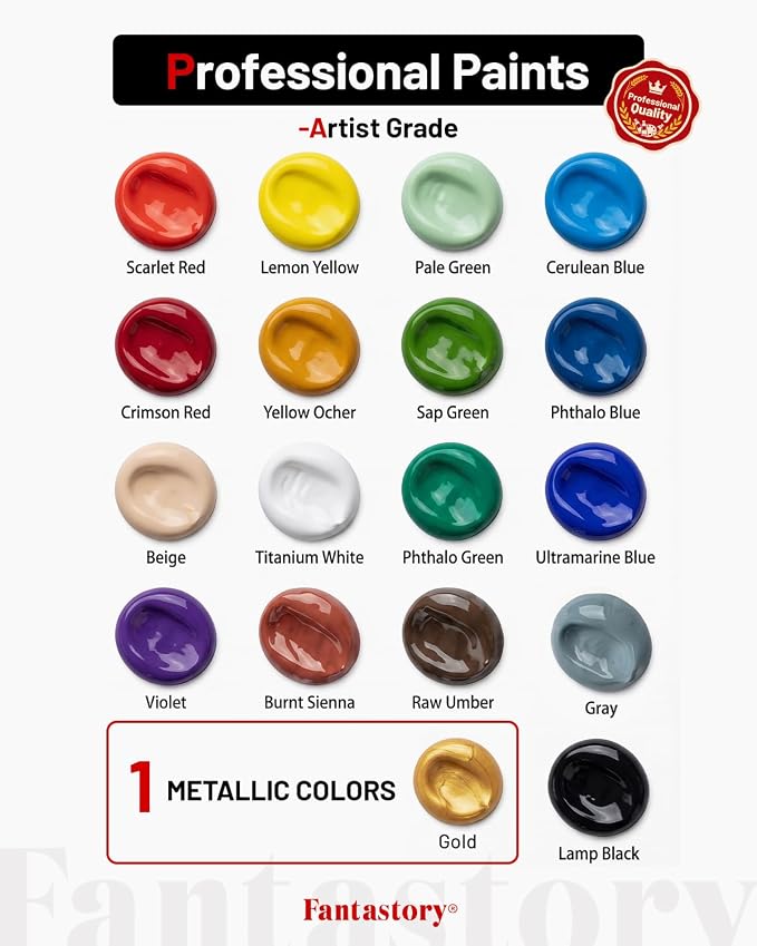 Fantastory 36ml 18 Colors Professional Acrylic Paint Set with 10 Brushes | Designed for Demanding Projects on Canvas, Wood, Stone, and Model Building