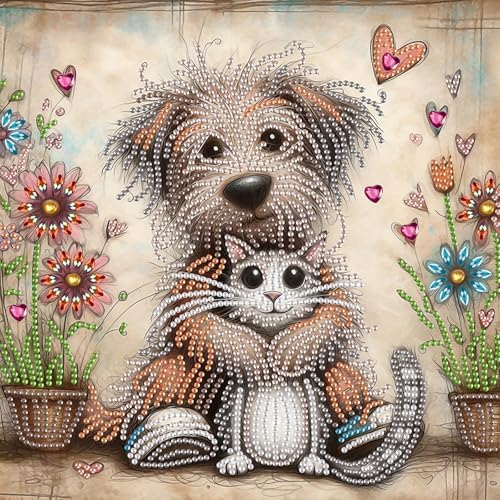 AiYuanzsh 5D Special Shape Diamond Art Kits for Beginners, Diamond Art Painting Kits for Adults, Crystal Rhinestones Diamond Art Painting for Home Wall Decoration Gift 12×12 inch, Cat and Dog