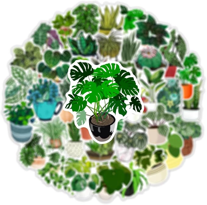 50 Pcs Green Plants Stickers Potted Plant Floral Sticker for Laptops Water Bottles Flower Pots Vases Decorative Phone Book Guitar Vinyl Decals for Kids Teens Adults