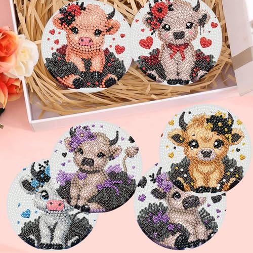 8 Pack Diamond Art Coasters,Highland Cow Diamond Painting Coasters Kits