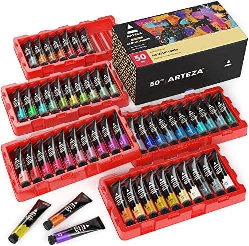 ARTEZA Acrylic Paint Set 50 Colors 0.41 fl oz/12ml, High-Viscosity, Richly Pigmented Paints for Canvas, Wood & Crafts, Water-Based Formula, Holiday Gift for Artists & Painters