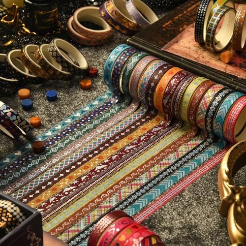 36 Rolls Skinny Washi Tape Set Gold Foil Detailing Arts Adhesive Tapes Basic Patterns Decorative Masking Tape Sets for Craft, Kids, Scrapbook, DIY, Gift Wrapping (Colorful Silver)