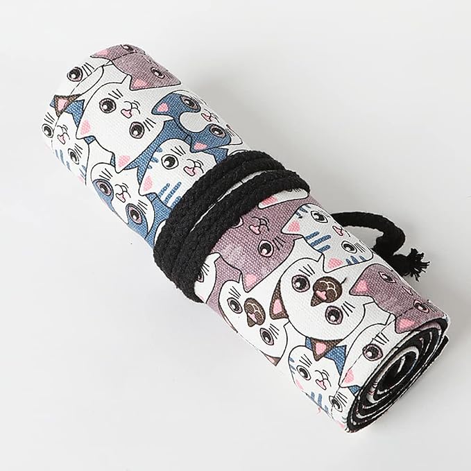 DIYOMR 24/36/72 Slots Pencil Wrap Pencil Rolls, Artist Colored Pencils Roll Up Bag Short Brushes Pouch Case Pencils Organizer for Drawing Coloring and Sketching,No Pencils (Big Headed Cat, 72slots)