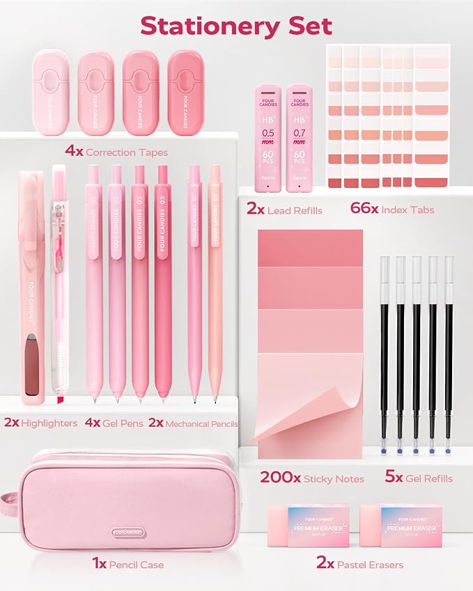 Four Candies Cute Aesthetic Pink School Supplies Kit for Girls