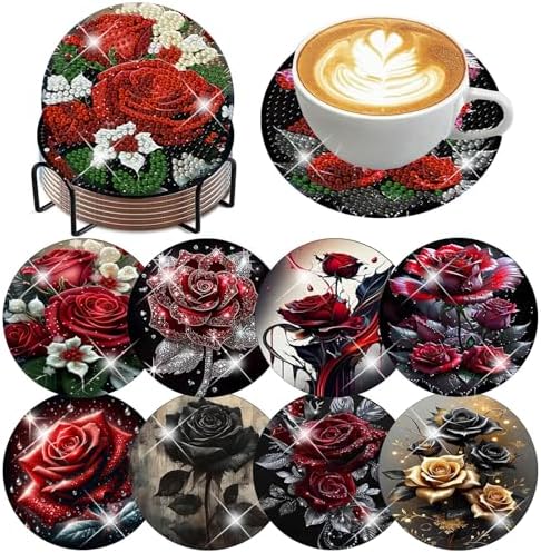 8 Pack Diamond Art Coasters,Rose Flowers Diamond Painting Coasters Kits