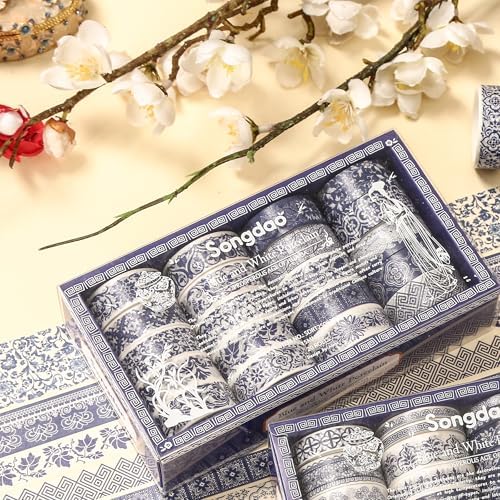 Blue & White Porcelain Washi Tape Set, Traditional Chinese Ceramic Pattern Decorative Masking Tapes, Oriental Art for Craft, Scrapbook, DIY, Gift Wrapping (1-Porcelain Grace/20 Rolls)