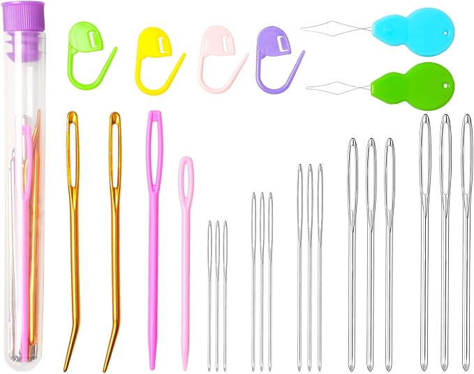 Hekisn 25Pcs Large Eye Blunt Yarn Needles Kit, Assorted Sizes Bent Tapestry Darning Needle & Stitch Markers &Threaers for Knitting, Crochet (Purple)