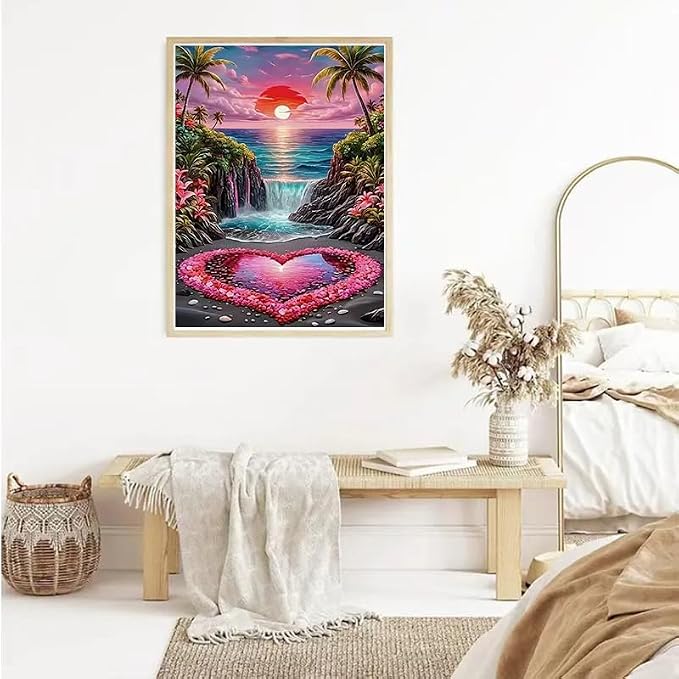 YUXUANKANG Diamond Painting Kit, Tropical Beach Sunset with Waterfall and Heart, Colorful Landscape Art 12x16 inch