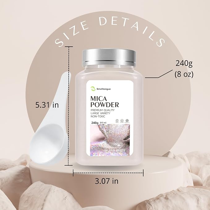 Mica Powder, Silver White, 240g with Scoop, Complies with ASTM D-4236 | For Epoxy Resin, Soap, Bath Bomb, Candle| Safety Material| Odorless| Brilliant Colors