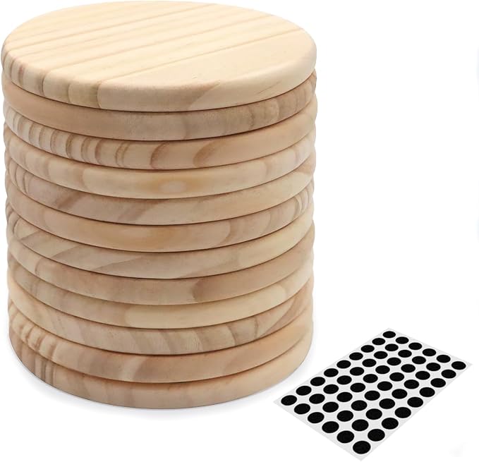 12 Pack 4 Inch Unfinished Round Wood Coasters with Non Slip Pad