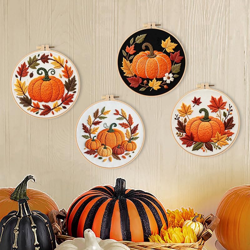 Konrisa Pumpkin Embroidery Kits, Stamped Embroidery Starter Kit for Adult with Hoop,Needlepoint Cross Stitch Kit,Set of 3