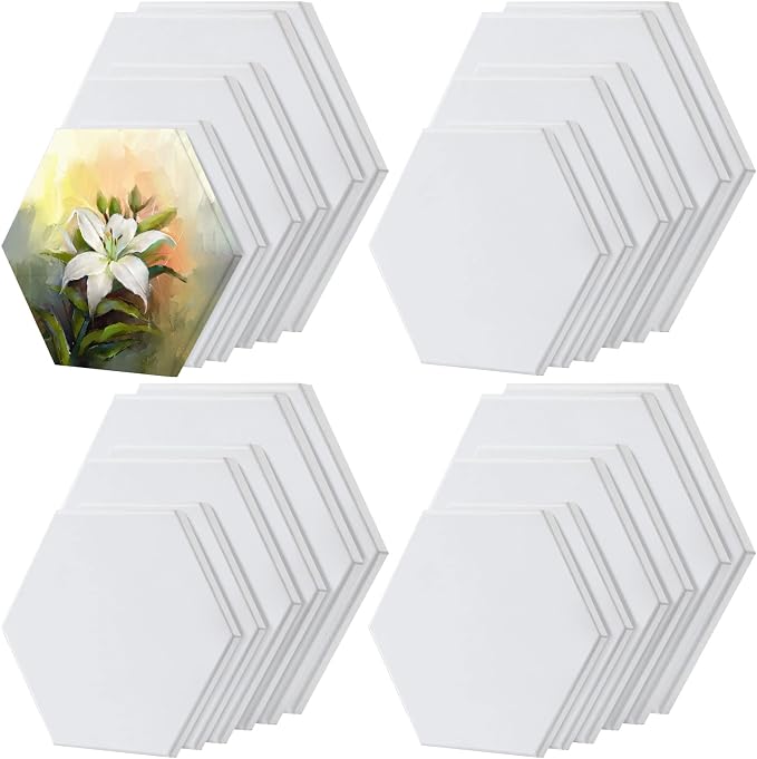 Thenshop 24 Pieces Stretched Canvas for Painting Bulk Blank Canvas Board, Square Round Hexagon Heart Shaped Frame for Kids Art Supplies for Acrylic Pouring Oil Painting(Hexagon)