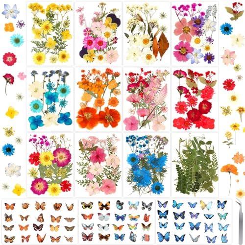 300 Pcs Real Dried Pressed Flowers & Butterfly Stickers for Resin Crafts