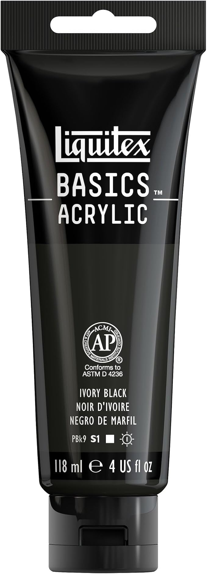 Liquitex BASICS Acrylic Paint, 4-oz Tube, Ivory Black | Medium Viscosity, Satin Finish, Lightfast, Fine Art Pigments, Range of Opacities, Easy Blending