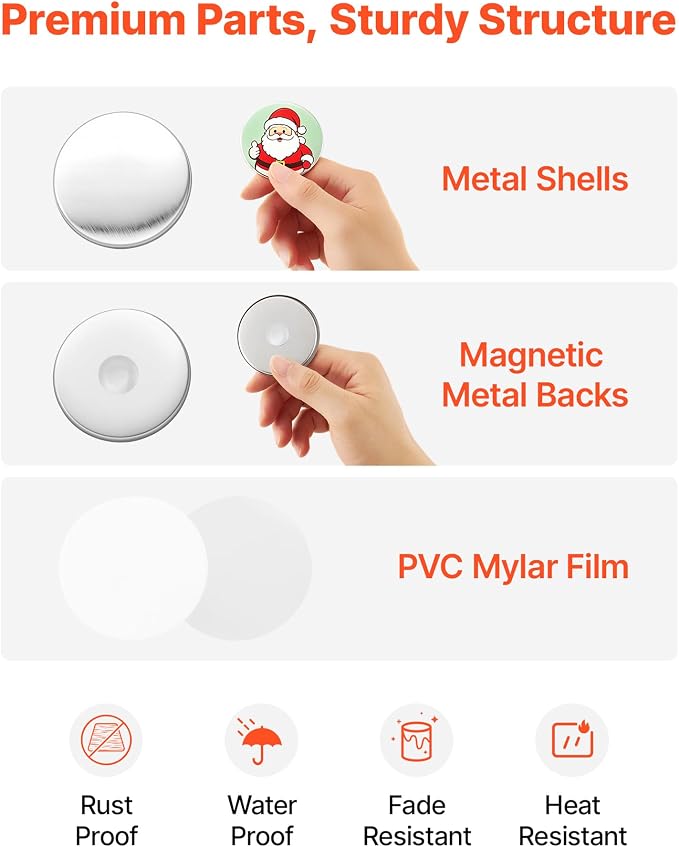VEVOR Button Maker Supplies 50 Sets 2.25 in / 58 mm Refrigerator Magnets, Bottle Openers, and Keychains Button Parts with Backs, Shells, Clear Mylar Films, and Blank Circle Papers, for Home DIY