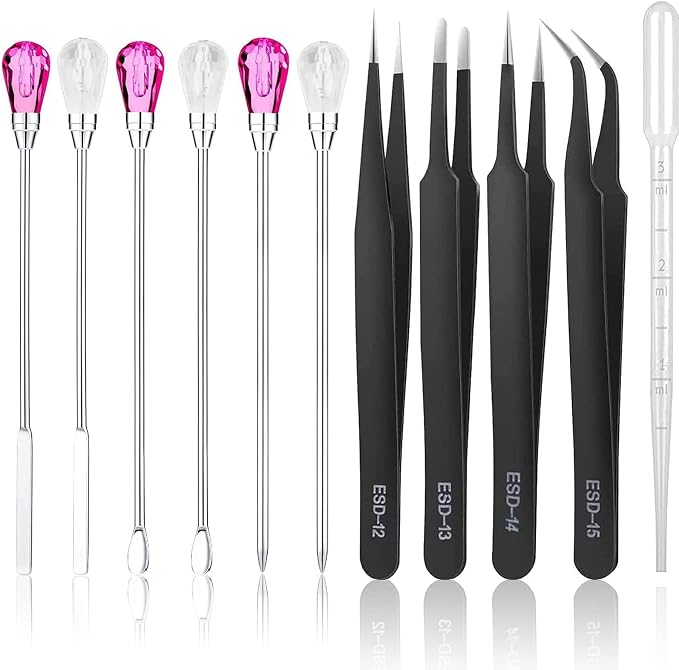 11 Pcs Silicone Resin Mold Tools Set Stirring Needle Spoon Tool Tweezers Precision Kit, Anti-Static Electronics Tweezers Set for Resin Art Crafts,Jewelry Making(Rose Red+White)
