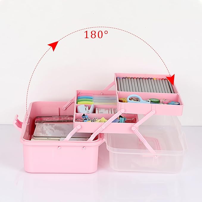 BTSKY 3-Layer Plastic Dividing Storage Box Craft Organizer and Storage | Portable Handled Art Supply Organizer with Adjustable Spacers Multipurpose Home Utility Box for Medicine, Sewing(Pink)