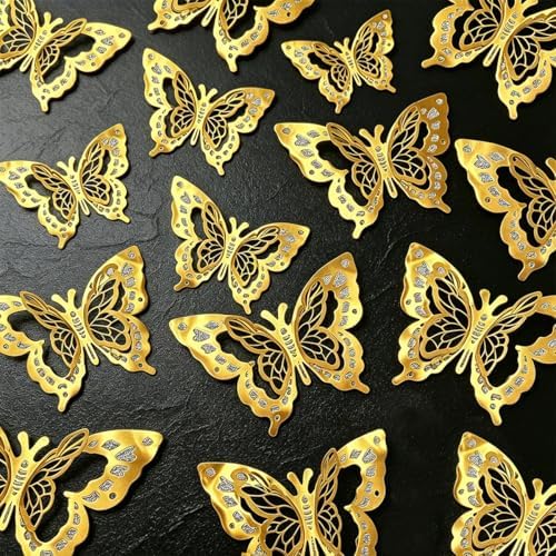 60 Pcs Butterfly Wall Decals - 3D Gold Butterflies Removable Mural Wall Stickers for Home Room Office Bedroom Decorations