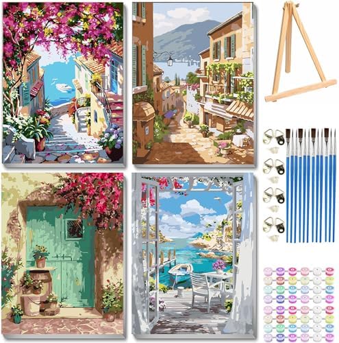 4 Pack Paint by Numbers kit for Adults Beginner Framed with Wooden Easel
