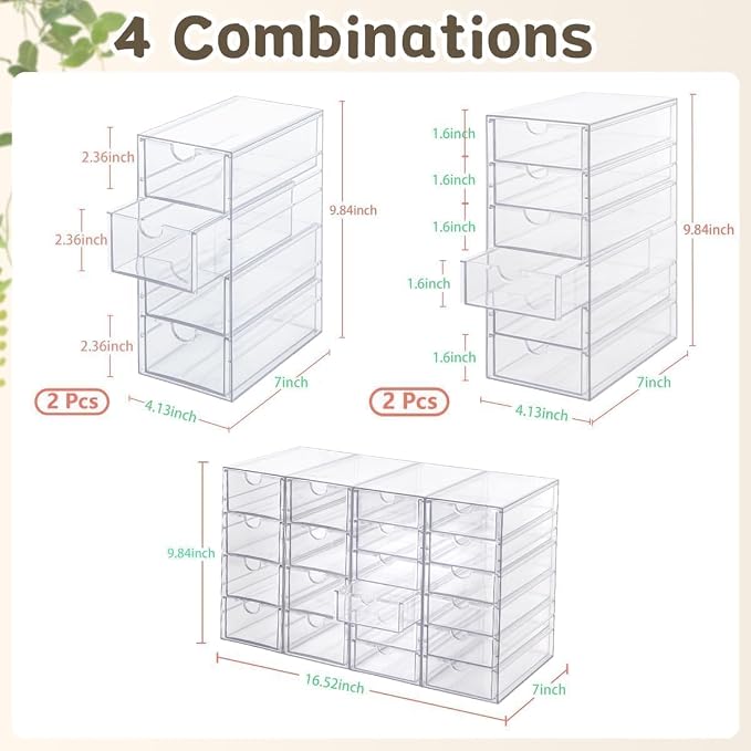 VZKAH Clear Acrylic Desk Organizer with 20 Drawers, 4 Modular Units