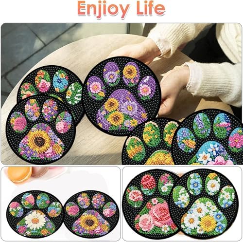ijbnhd 8 Pack Diamond Art Coasters Kits Dog Paw (Cork Wooden Pad)