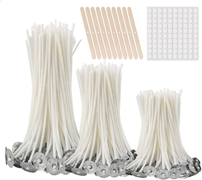 buluker 300Pcs Functional Smokeless Candle Wicks - Pre Waxed Cotton Wick with Metal Sustainer Tabs for Pillar Candle Making and DIY, 9cm/3.5in, 15cm/6in, 20cm/8in