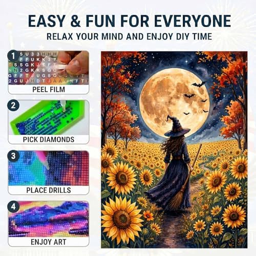 Witch Diamond Art Kits for Adults, Autumn Sunflower Diamond Painting