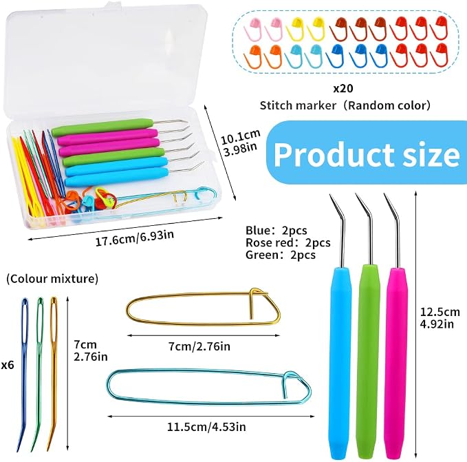 FTEVEN 45PCS Knitting Loom Hooks Set, Large Eye Bent Tapestry Needles | Colorful Plastic Large Eye Needles, Knitting Loom Needles with Knitting Needle Markings for DIY Handicrafts