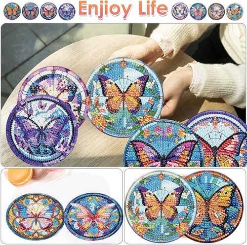 ijbnhd 8 Pcs Butterfly Diamond Painting Coasters Kits with Holder